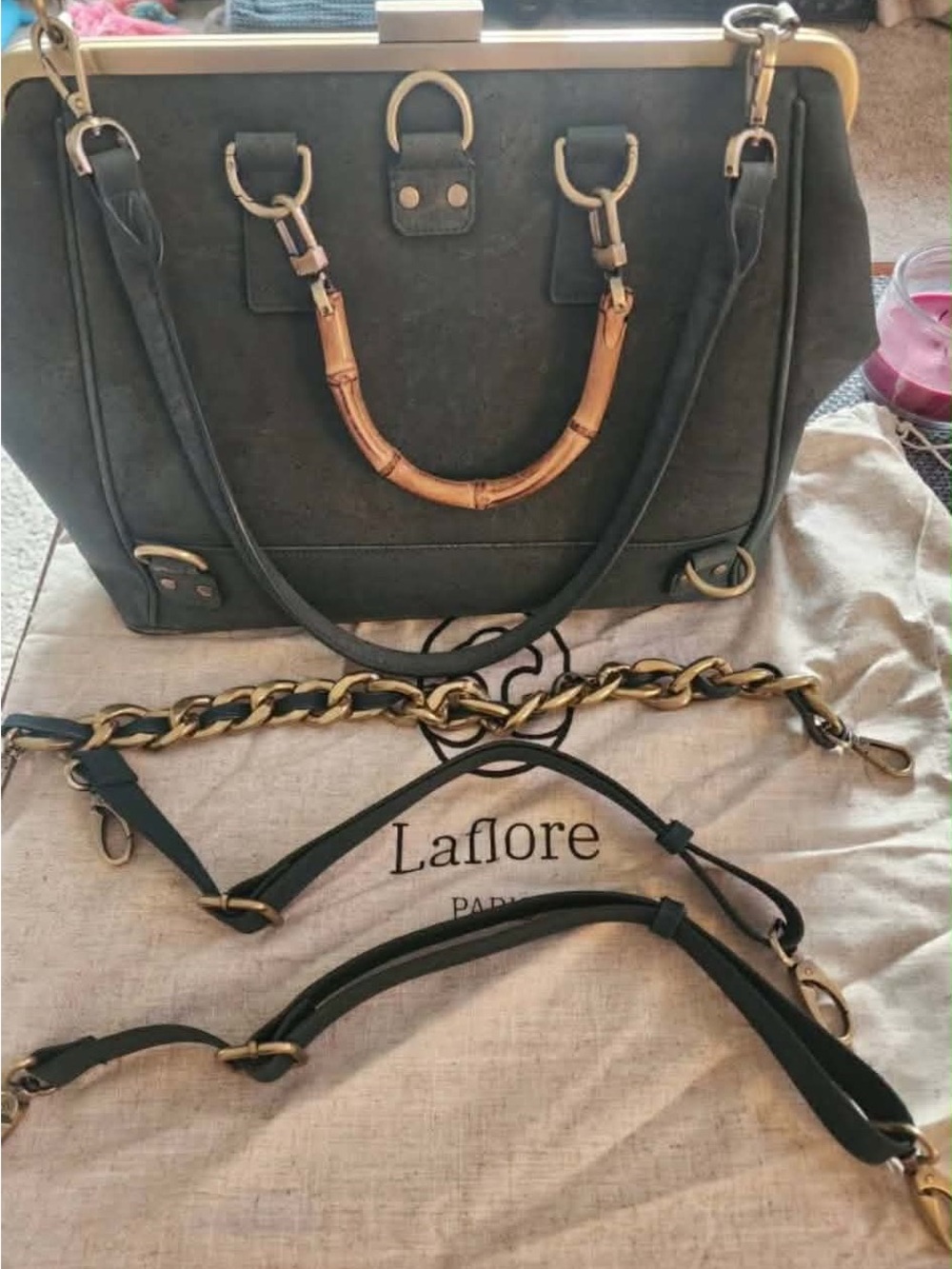 Laflore Black Satchel with Bamboo-Style Handle
